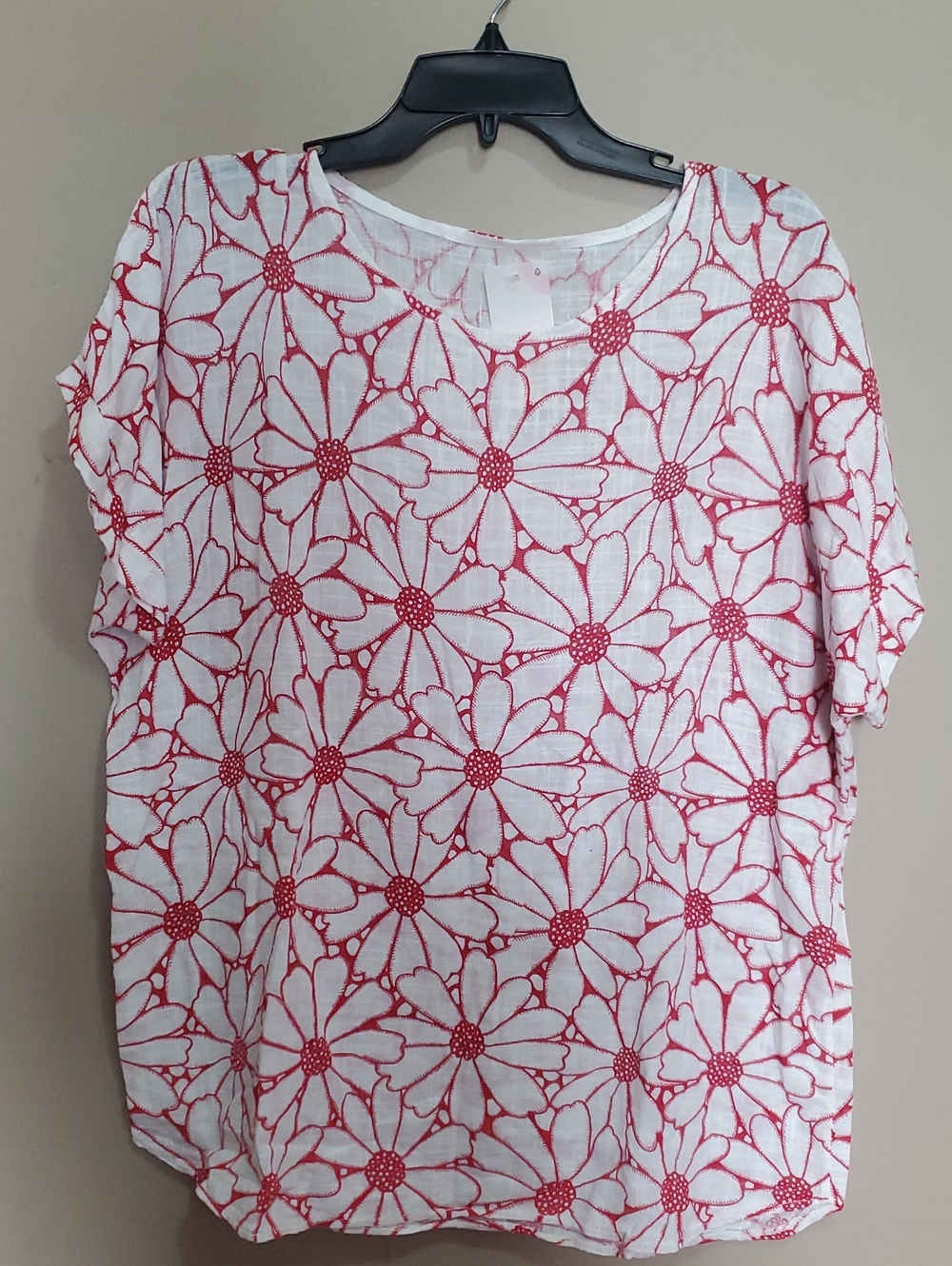 White & Red Floral Short-Sleeve Top - Lightweight Women's Blouse Size